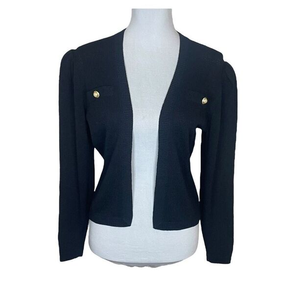 St. John Santana Knit Pearl Button Puff Sleeve Open Front Cardigan Black Size 2 - Picture 1 of 11